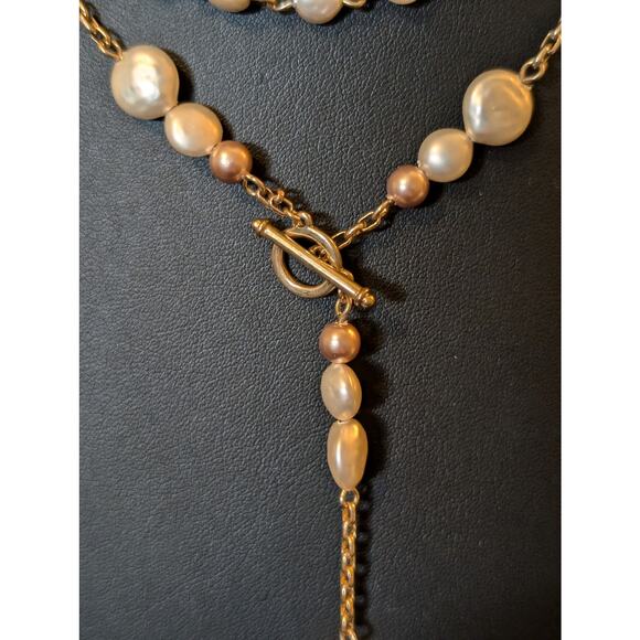 Vintage Anne Klein Double Strand Champagne Penny Coin Pearl Dangle Necklace - Picture 5 of 8